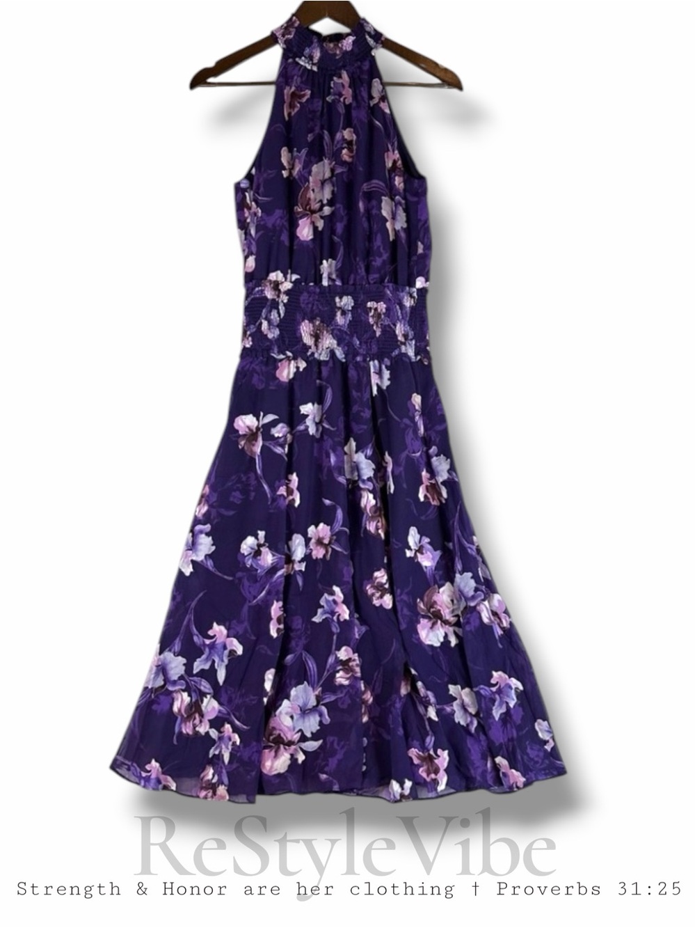 WHITE HOUSE BLACK MARKET Women’s Size 0 Dress Halter Style Floral Lined Purple